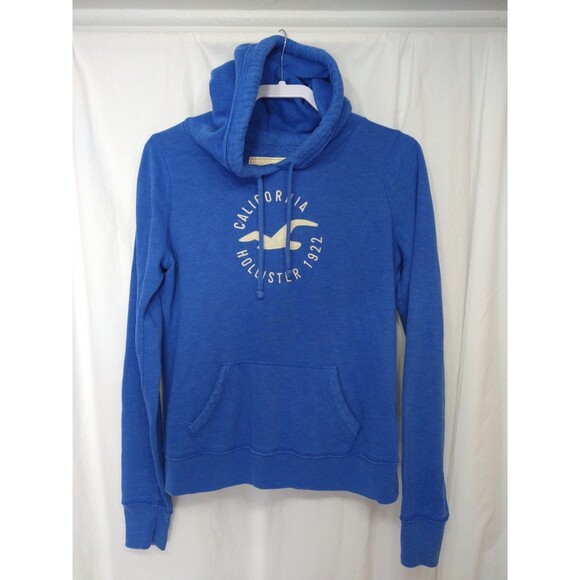 Hollister Size L Logo Graphic Hoodie Blue Pullover Kangaroo Pocket Athleisure - Picture 1 of 10